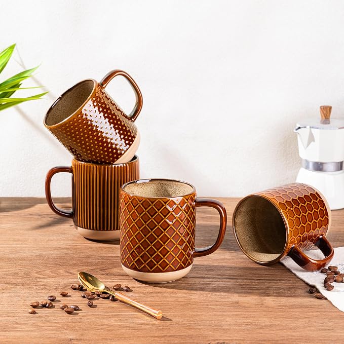 GBhome 12oz Coffee Mugs Set of 4, Handmade Stoneware Coffee Mugs Set with Large Handle for Cappuccino/Latte/Tea/Hot Cocoa, Dishwasher & Microwave Safe, Caramel