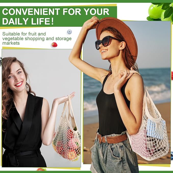 Paterr 4 Pack Cotton Mesh Produce Bags Bulk Reusable Market Bag Washable Net Grocery Purse String Shopping Tote Beach Organizer for Vegetable Fruit Picnic Food Storage (Short Handle,Beige)