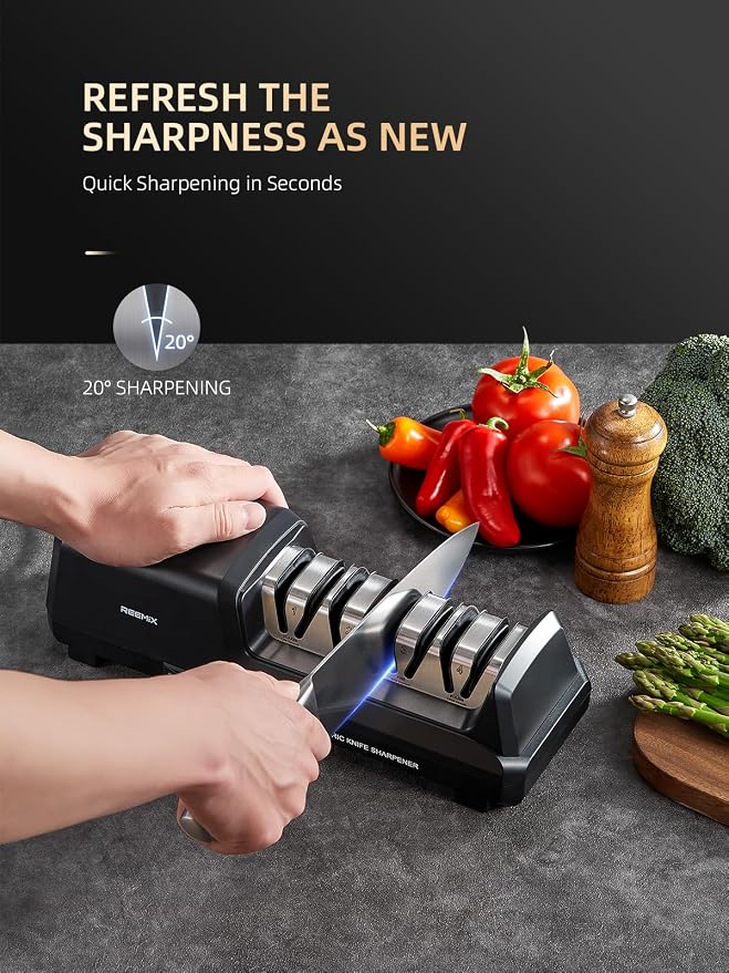 Reemix Electric Knife Sharpener with 4-Stage Sharpening (Repair, Coarse, Medium, Fine & Polish), 20° Fixed Angle, Non-Slip Base & Metal Shavings Collector for Kitchen Knives (Black)
