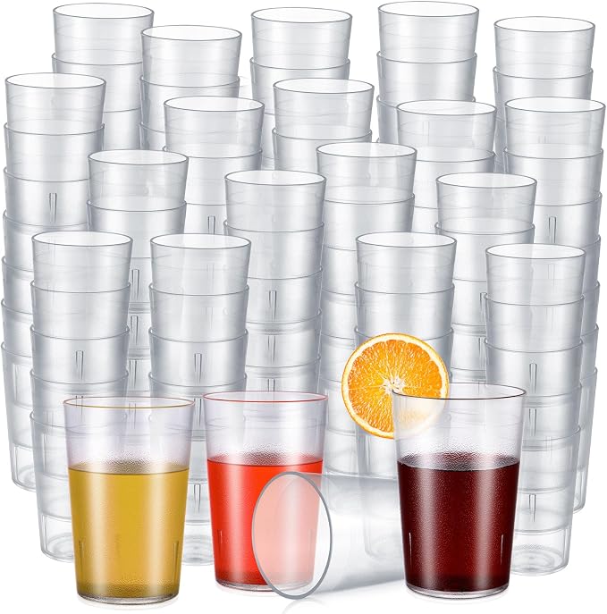 Meanplan 100 Pack Plastic Reusable Drinking Glasses Restaurant Grade 8 oz Plastic Cups Unbreakable Stackable Drink Tumblers Water Cup for Kitchen Cafe Wedding Birthday Party Supplies (Frosted)