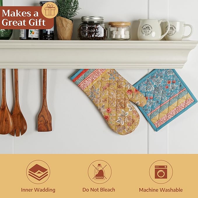 Maison d' Hermine 100% Cotton Oven Mitt & Pot Holder Set (7.5"x13" & 8"x8") Heat Resistant BBQ Cooking Gloves with Loop Baking Grilling Kitchen Gifts for Mothers Day Spring/Summer (Marquise)