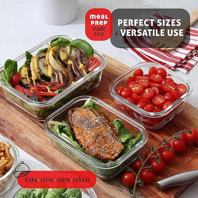 EATEX 32pc Glass Food Storage Containers with Lids, Airtight Glass Meal Prep, 16 Reusable Food Containers with 16 Leakproof Snap Lock Lids Oven Microwave Freezer Safe Lunch Containers