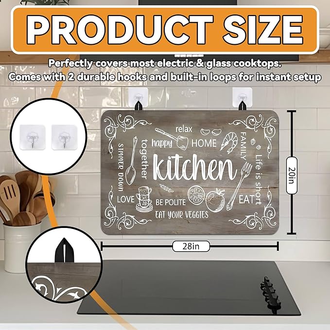 Decorative Stove Top Covers for Electric Stove 28"x20" – Heat Resistant Glass Cooktop Protector Dish Drying Mat – Non-Slip Rubber Backing Washer Top Cover Waterproof Extra Counter Space (Kitchen 4)