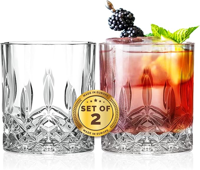 Barski Whiskey Glasses - Double Old Fashioned Rocks Glass - Set of 2 Lowball Tumbler - DOF Crystal Glass Tumblers - For Scotch - Bourbon - Water - Beverage - Drinking Glasses - 10.5 oz, Made in Europe