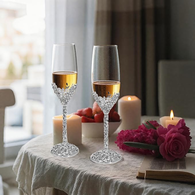 Silver Champagne Flutes -His and Hers,Wedding Toasting Glasses for Engagement Celebrations, Bridal Shower and Registry Idea, Tall Wine Glasses for Bride and Groom Gifts,7oz (Chrome)