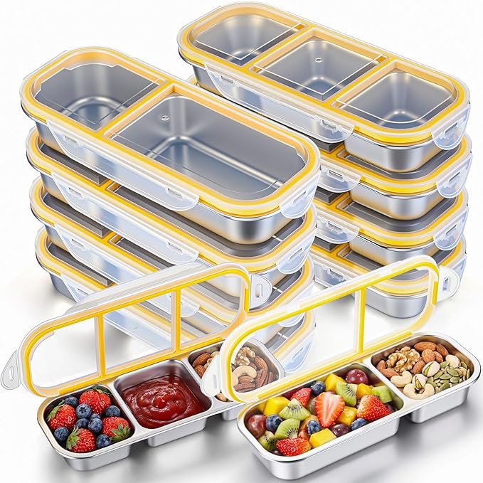 8 Pack Stainless Steel Snack Containers with Leak Proof Lids, 2/3 Compartments Metal Bento Lunch Box, Reusable Divided Food Storage Container for Adults Home Travel Work (Yellow)