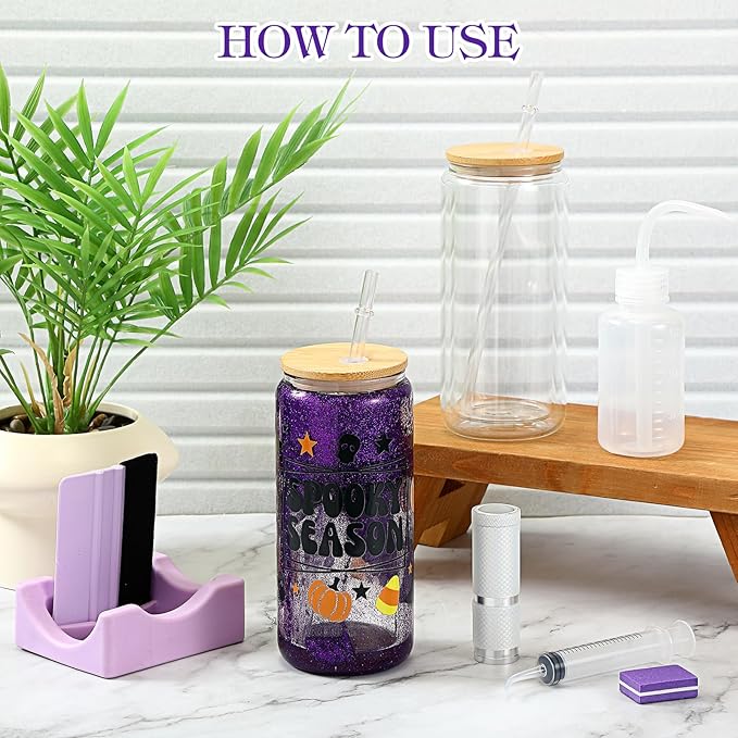 Baderke 20 Pcs Snow Globe Tumbler DIY Kit 16 oz Tumbler Squeeze Bottle, Glitter, Funnel Tweezer Silicone Cup Cradle Measuring Cup Glove Flashlight Buffer for Beginner(Purple,Classic)