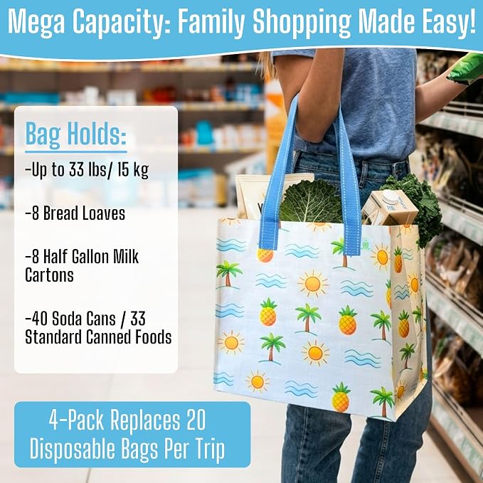 VENO 4 Pack Reusable Grocery Shopping Bags, Heavy-Duty Tote Bags with Handles, for Shopping Cart with Hard Bottom to Stand Upright, Foldable (Tropical Island, 4 Pack)