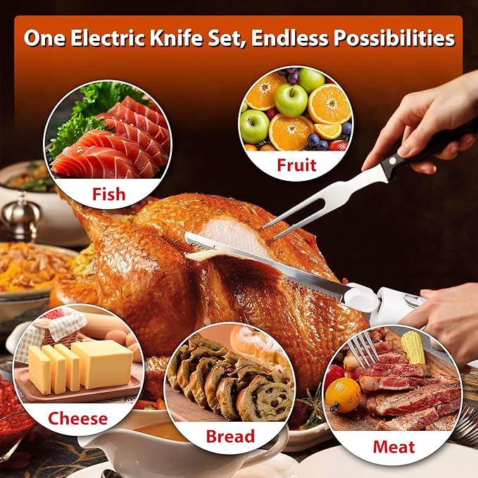 Electric Knife, Electric Carving Knife Set with Two Serrated Stainless Steel Blades, Carving Fork, with Non Slip Handle, Safety Lock and Storage Case for Meat, Bread Fish,Other and Foods.
