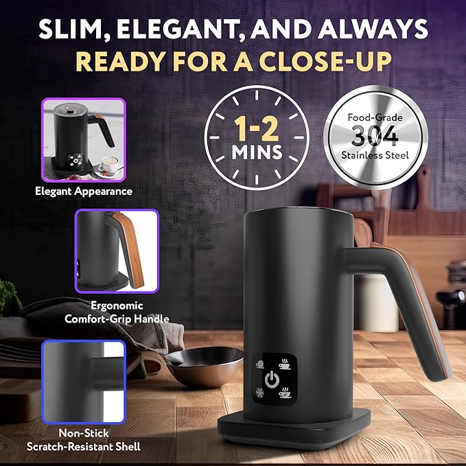 APQ Supply Black Electric Milk Frother and Steamer 11.8oz. Warm and Cold Foam Maker for Coffee. Functional 4-in-1 Automatic Milk Steamer and Frother for Latte, Hot Chocolate, Heating Baby Formula