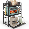 NETEL Expandable Microwave Stand,3 Tier Metal Kitchen Countertop Organizer Shelves with 8 Hooks,Bakers Rack,Pull-Out Microwave Shelf,110lbs Weight Capacity,Black