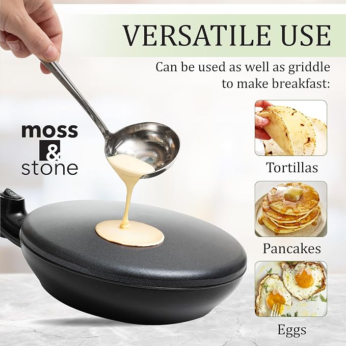 Moss & Stone Cordless Electric Crepe Maker With Auto Power Off, On/Off Switch & Dual Temperature Setting, 8 Inch Portable Crepe Maker & Non-Stick Dipping Plate, Nonstick Coating Pan