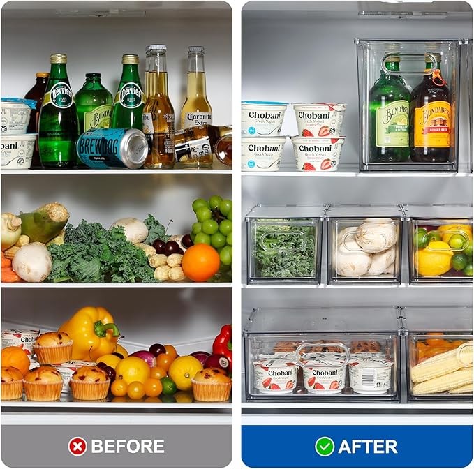 Fridge Drawer Pull Out Stackable Bins, Clear Refrigerator Stackable Organizers, Fridge Organizer Storage for Kitchen, Pantry, Vegetables, Fruits (2 Tall)