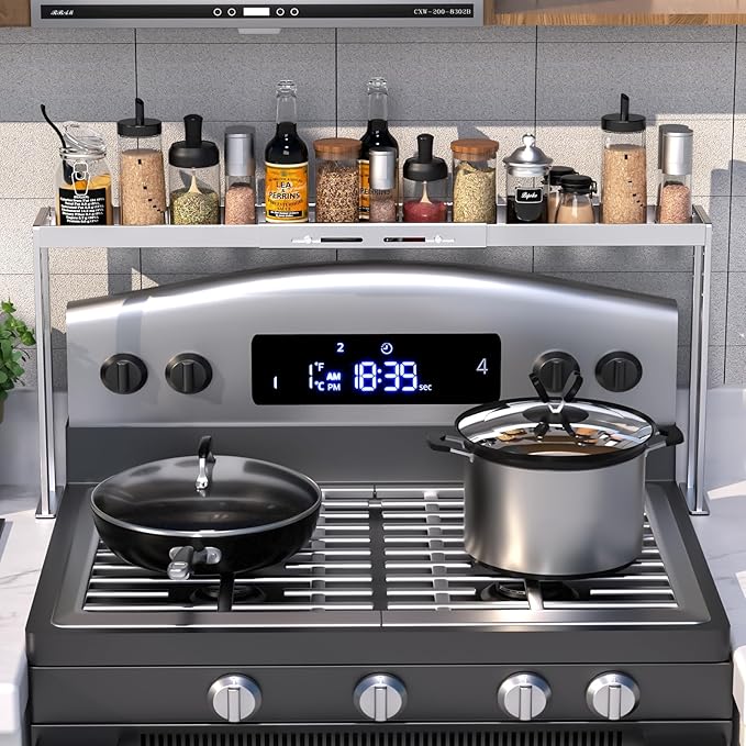 BOIVSHI Stove Top Shelf - Adjustable Oven Shelf for Top of Stove for 27-33inch, Kitchen Spice Organizer, Silver