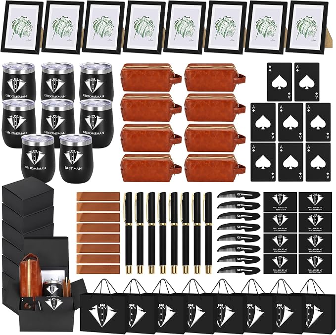 80PcsGroomsmen Proposal Gift of 8 Sets with 12OZ Wine Tumbler PU Leather Toiletry Bag Photo Frame Bottle Opener Pens with Exquisite Package for Wedding Groomsman Best Man Gift (8 set)
