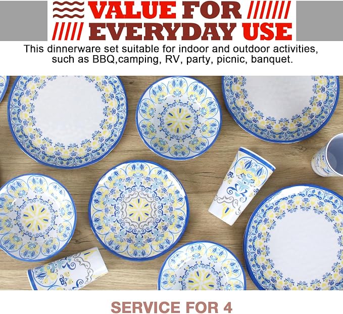 Melamine Dinnerware Set for 4-16 Pcs:Camping Dishes Set with Dinner Plates,Salad Plates, Bowls and Cups.Lightweight and Unbreakable.Indoor and Outdoor Use.