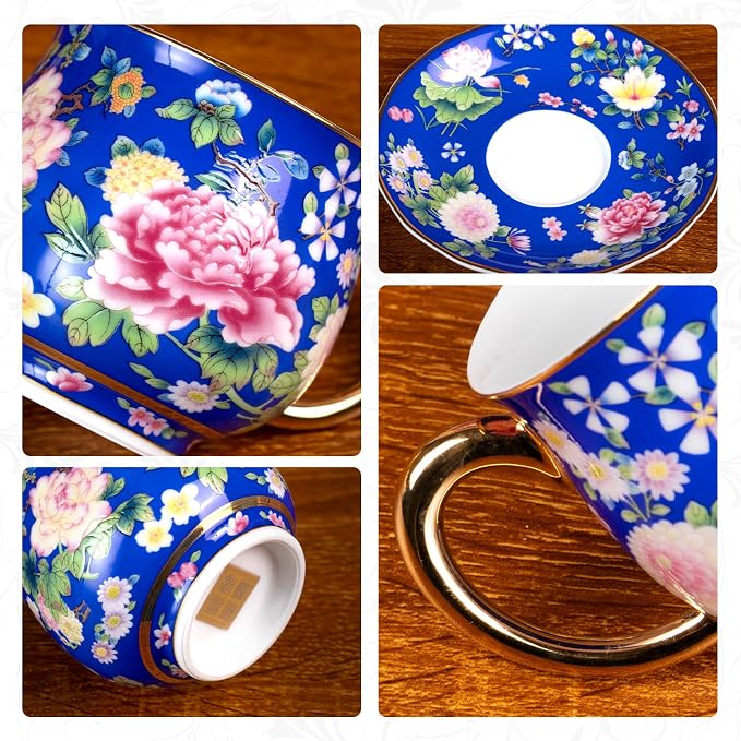 KAMMAK Tea Cups and Saucers Set of 2, Porcelain Coffee Cups, 8oz Stackable Espresso Mugs, Ceramic Demitasse for Coffee, Latte, Americano, Tea (939N+943N)