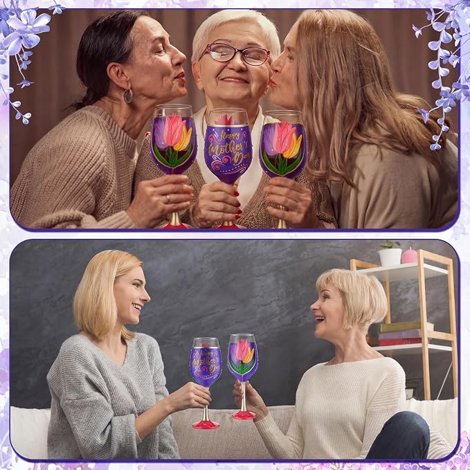 SiliFine 4 Pcs Tulip Party Stemmed Wine Glasses Hand Painted Tulip Flower Drinking Cup Wine Glasses Gifts for Mom Grandmother Mother in Law Birthday Holiday Party Supplies