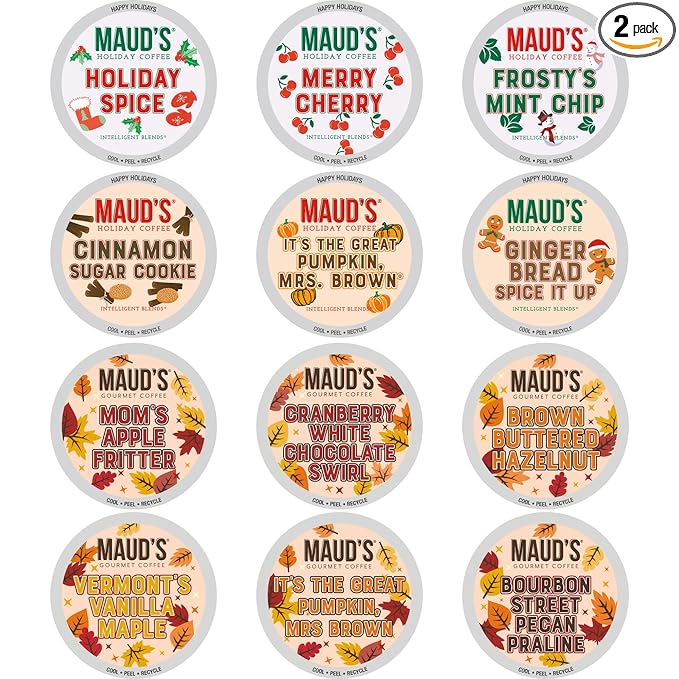 Maud’s Holiday & Fall Flavored Coffee Pods Variety Pack Bundle, 48ct, 11 Assorted Seasonal Flavors, Medium Roast Coffee in Single Serve Pods 100% Arabica Coffee, Compatible with Keurig K Cups Maker