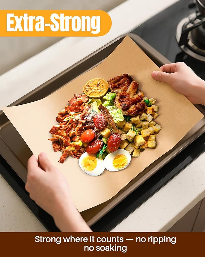 Parchment Paper Sheets 12x16 Inch |200-Pack Unbleached Natural Brown Baking Paper for Oven, Air Fryer & Grilling | Precut, Non-Stick, Greaseproof Half Sheet Pan Liners