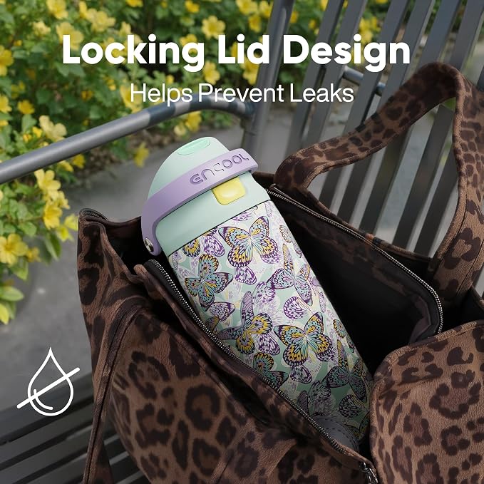 ENCOOL Leakproof Insulated Water Bottle with Straw Dual-Sip Water Bottle Bag-Safe Design for Work, Commute & Gym – Keeps Drinks Cold All Day, 24 oz, Mosaic Butterfly