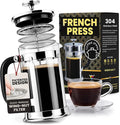 EzDtach French Press Coffee Maker 34oz Chrome – Borosilicate Glass Pot with 304 Grade Stainless Steel French Press, Double Filter and 2 Extra Screens for Rich, Full-Bodied Flavor at Home or Office