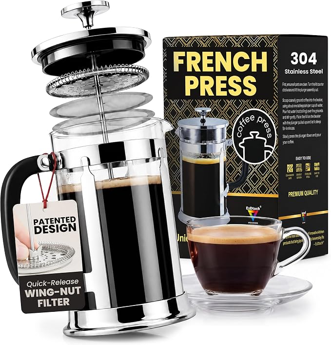 EzDtach French Press Coffee Maker 34oz Chrome – Borosilicate Glass Pot with 304 Grade Stainless Steel French Press, Double Filter and 2 Extra Screens for Rich, Full-Bodied Flavor at Home or Office