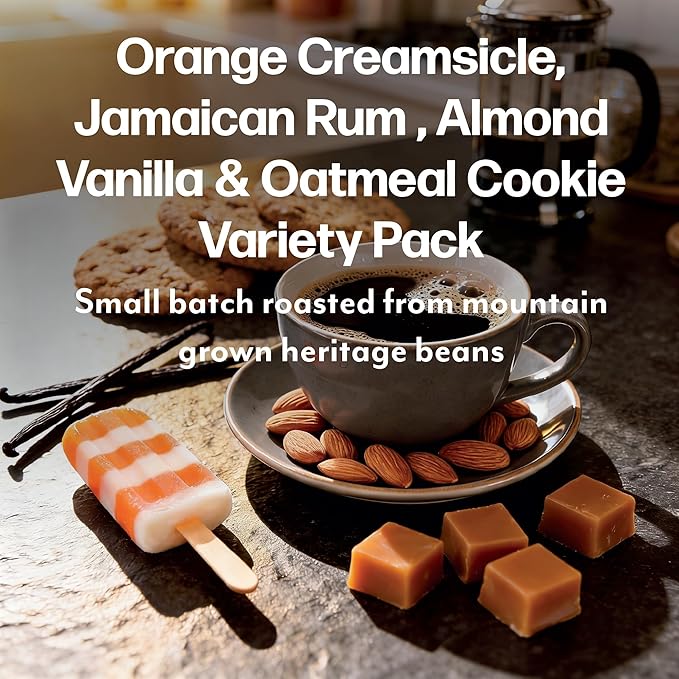 Maud’s Orange Creamsicle, Jamaican Rum Yum, Almost Biscotti & Oatmeal Cookie Flavored Coffee Pods Variety Pack, 72 ct, Medium Roast Single Serve Pods – 100% Arabica Coffee, Compatible with Keurig K Cups Maker