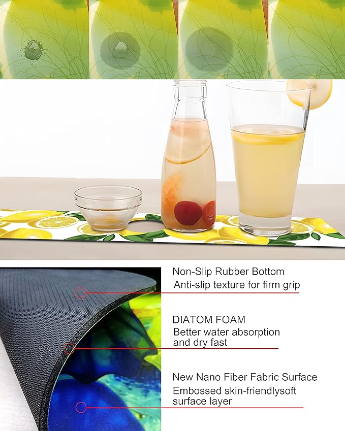 Kitchen Sink Splash Guard Faucet Mat Super Absorbent Fast Drying Mat Sink Gadgets Splash Guard Behind Faucet Drip Catcher for Kitchen (Lemon-1, 15x5.5in)