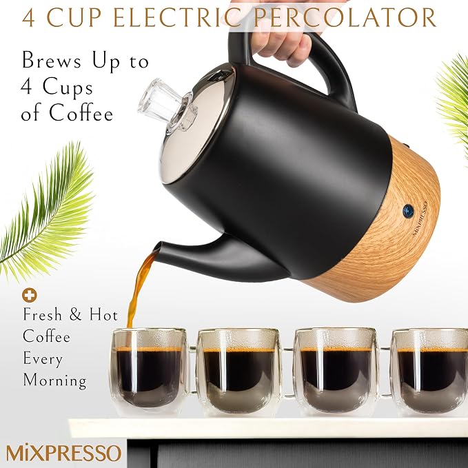 Mixpresso Black Small Electric Percolator Coffee Pot 4 Cup Stainless Steel - Coffee Percolator Electric with Keep Warm Function - Auto Shut-Off for Safe Daily Brewing
