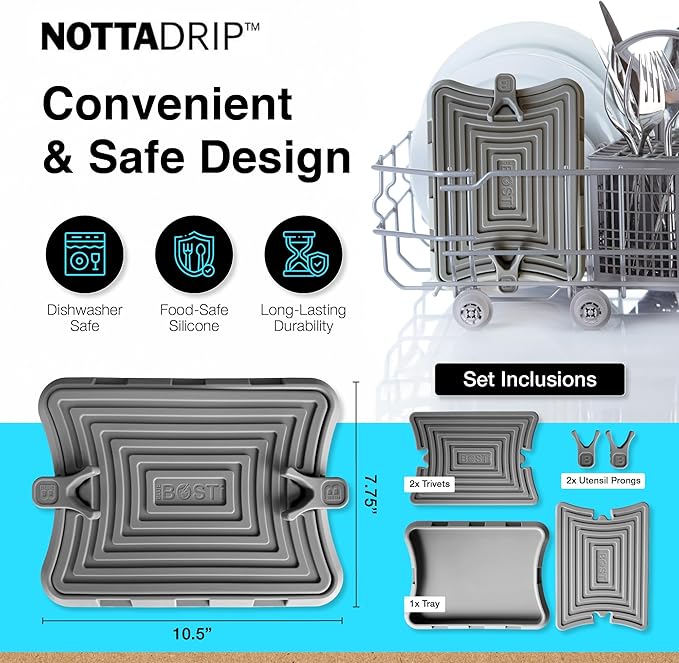 Nottadrip Silicone Spoon Rest for Stove Top - Kitchen Spoon Rest for Countertop, Ladle Holder, All in 1 Serving Station, Elevate Handles, Drip to Tray, Mess Free - 5PC Trivet Set - Gray