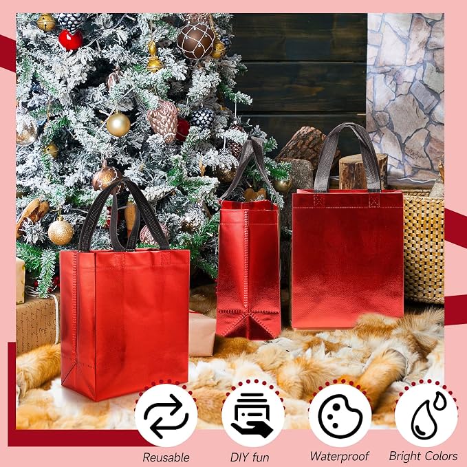 Eccliy Reusable Gift Bags Set Glossy Grocery Gift Tote Bag with Handle for Wedding, Bridal Shower, 4th of July, Summer Event(10 x 8 x 4.7 Inch,Red with Black Handles,80 Pcs)