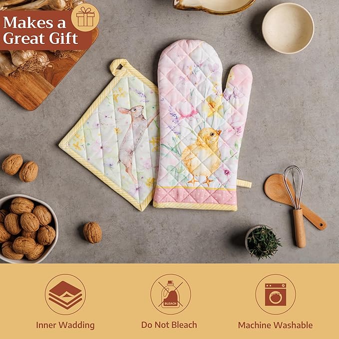 Maison d' Hermine Pot Holders 100% Cotton Heat Resistant Potholders 8" x 8" Hot Pads with Loop BBQ Cooking Baking Gifts for Mothers Day Handling Hot Pans Spring/Summer (Pack of 2, Easter Zest)