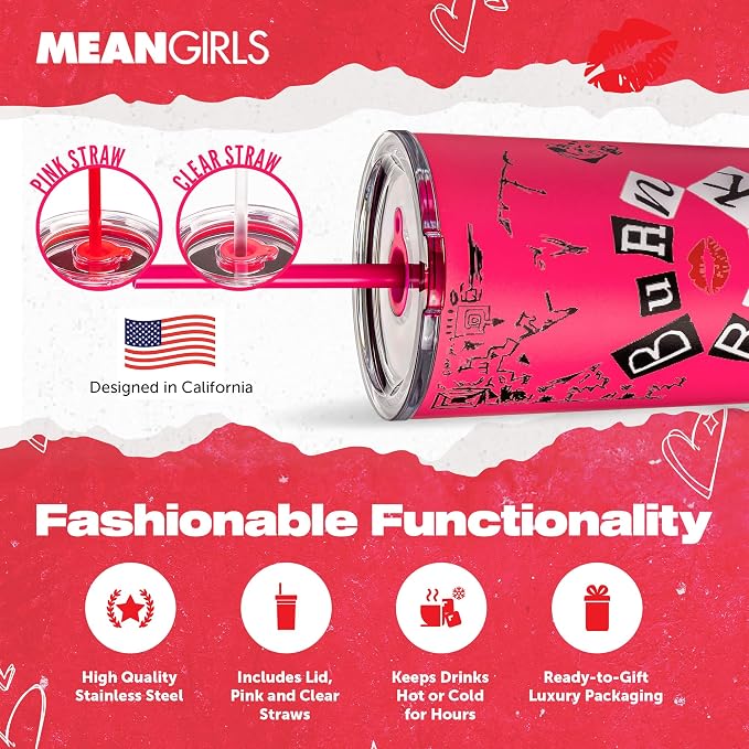 Dragon Glassware x Mean Girls Burn Book Tumbler with Straw & Lid, 24 oz | Vacuum Insulated Stainless Steel Tumbler with Straw & Lid; Double Walled Tumbler; Official Mean Girls Cup