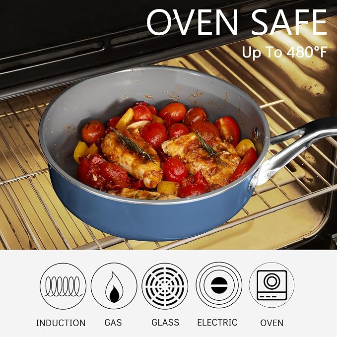 7-Piece Blue Ceramic Nonstick Cookware Set, Pots & Pans | 4 pots, 3 clear lids; stay-cool grips; 100% PFAS-free; 480°F oven & dishwasher safe; heavy daily family cooking routines