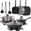 Simple Deluxe 17Pcs Ceramic Cookware Set, Nonstick & Non-Toxic Healthy Pots and Pans, Heat-Resistant Handles, Induction Cookware Sets with Frying Pans, Black