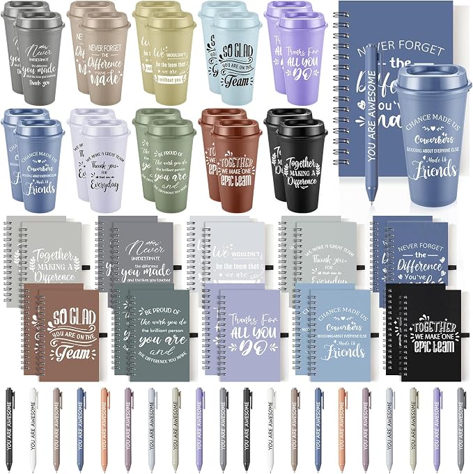 Teenyyou 90 Pcs Employee Appreciation Gift Set, 16oz Tumbler with Lid Notebook Pen Bulk Thank You Gift Holiday Party Favor for Teachers Office Coworker Teacher Staff Team (Dark Color,Classic Style)