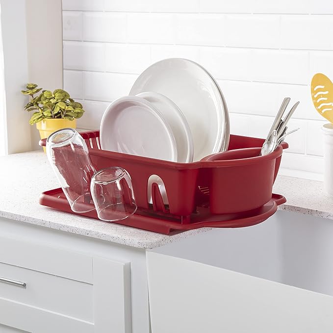 Sterilite 2 Piece Sink Set, With Drainboard for Drying, Holds Clean Dishes in the Kitchen such as Plates, Cups, Bowls, and Silverware, Red, 6-Pack