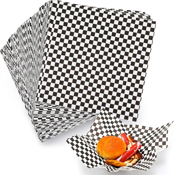 Spakon 1000 Sheets Wax Deli Paper Sheets for Food 12 x 12 Inch Checkered Dry Waxed Deli Basket Liners for Sandwich Wrapping, Food Basket Liners, Picnic party(Black-white)