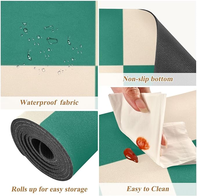 2 in 1 Table Runner Trivet for Hot Pots and Pans Heat Resistant Non Slip Waterproof 39 x 12 Inch Decorative Table Protector for Kitchen Countertop Checkered Emerald Green and Beige
