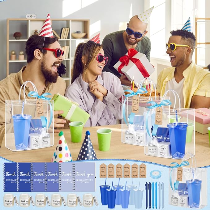 Nuogo 6 Sets New Parent Shower Prizes for Player Winners Adult, Wedding Bridal Shower Gift, Plastic Tumbler Notebook Scented Candle Ballpoint Pen Bag (Gradient Blue,Classic Style)