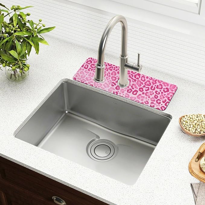 Kitchen Sink Splash Guard 1 PC 30 Inch Sink Faucet Mat Splash Guard for Bathroom Countertop Water Absorbent Foldable Cuttable Soft Washable Gradient Pink Leopard Print