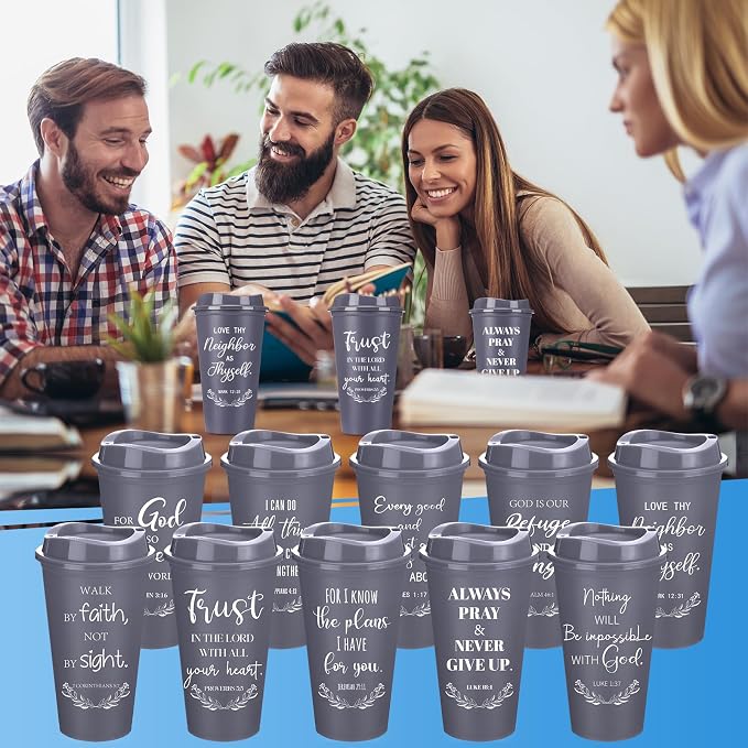 Skylety 20 Pack Bulk Christian Gifts for Men Women 16oz Reusable Bible Verse Tumbler Plastic Coffee Cup with Lid Inspirational Religious Church Gift for Teacher Graduation Party Favor (Gray)