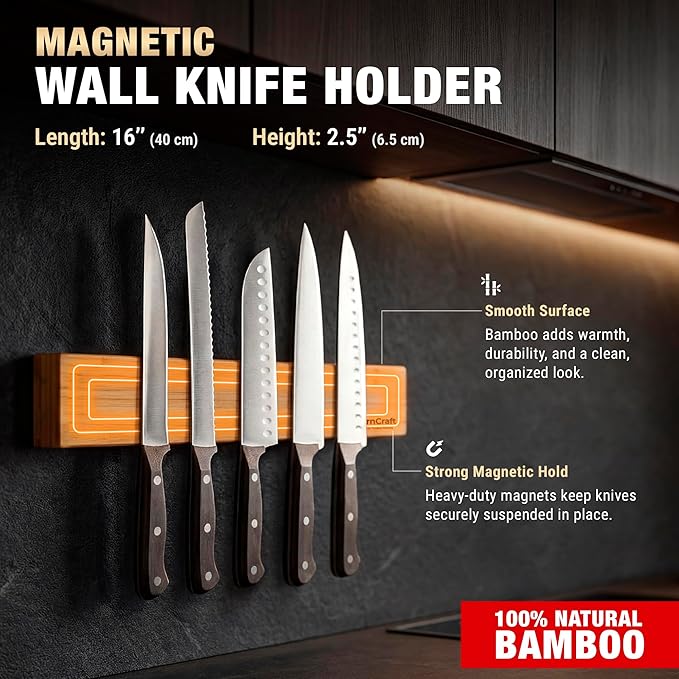 Magnetic Knife Strip, 16 Inch Bamboo Magnetic Knife Holder for Wall, Solid Wood Kitchen Knife Storage Rack, Strong Magnetic Knife Bar, Kitchen Utensil Holder with Powerful Magnet