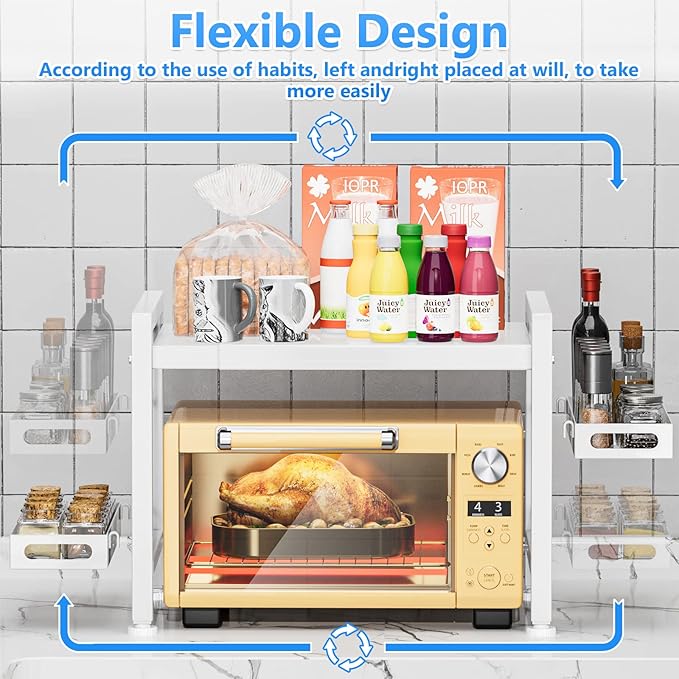YIUKEA Over the Microwave Shelf - Adjustable Countertop Stand 2 Tier Rack (L15.723.6" xW12.8 xH17.7) with Spice Organizer and 6 Hooks for Kitchen White