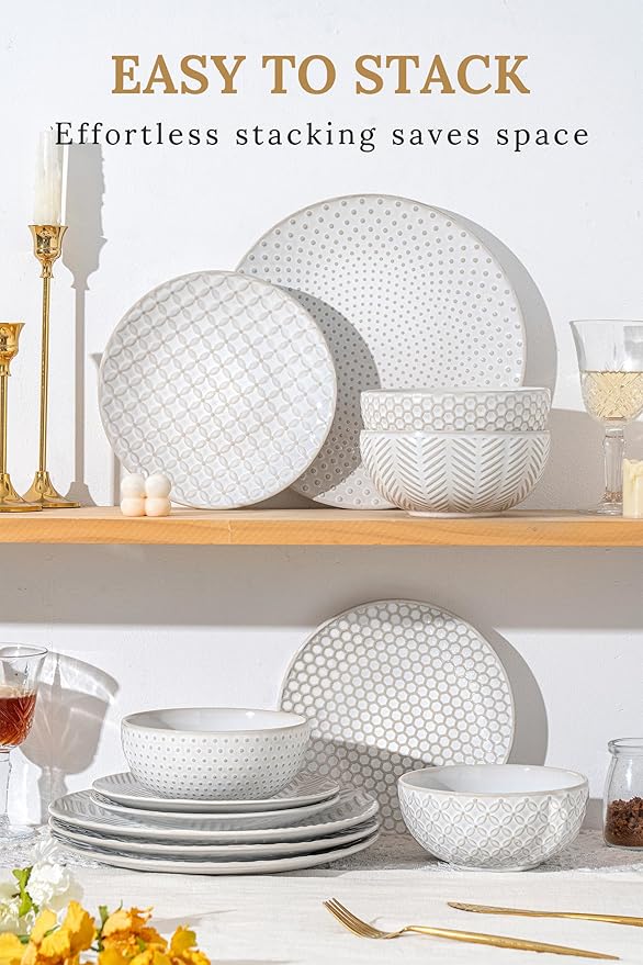 FOBENTA 18 Piece Embossed Dinnerware Sets for 6, Scratch-Resistant Plates and Bowls Sets, Microwave & Dishwasher Safe, Elegant Stoneware for Family Gatherings – A Gift for Growing Households