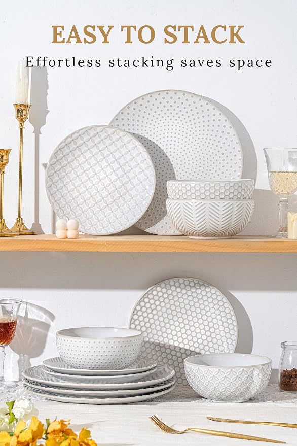 FOBENTA 24-Piece Ceramic Dinnerware Set,Large Plates and Bowls Set for 6,Elegant Dish Set for Families & Entertaining–Microwave & Dishwasher Safe Tableware (Double Bowl)