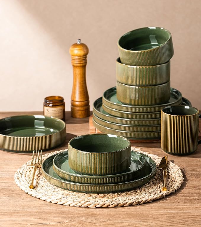 GBHOME Stoneware Dinnerware Sets for 4, 12 Pieces Lightweight Ceramic Ribbed Plates and Bowls Set, Reactive Glaze Stackable Plate Sets, Scratch Resistant Dishes, Microwave & Dishwasher Safe,Sage Green