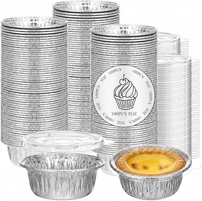 Domensi 100 Pcs 4'' Aluminum Pie Pans with Lids Bulks 5 oz Mini Disposable Pie Tins Round Foil Cup Ramekin Food Containers for Oven Cooking Takeout Storage Meal Prep Creme Brulee Cakes Sauces