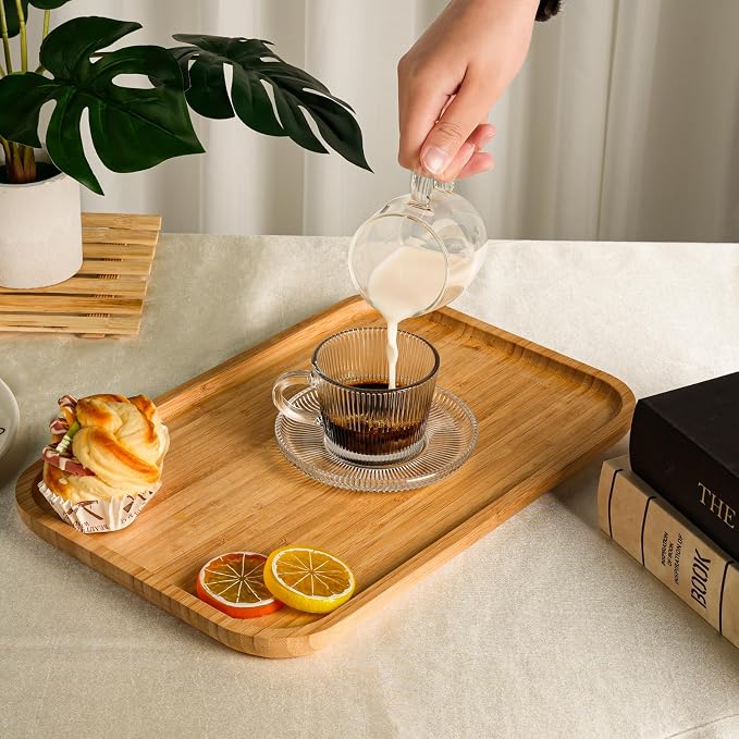 Glass Espresso Shot Cups with Saucers Set of 6, Clear Small Demitasse Cup with Stainless Steel Spoons, Dishwasher Safe Coffee Mugs for Tea Hot Chocolate Cappuccino, 5OZ/150ML, Stripe